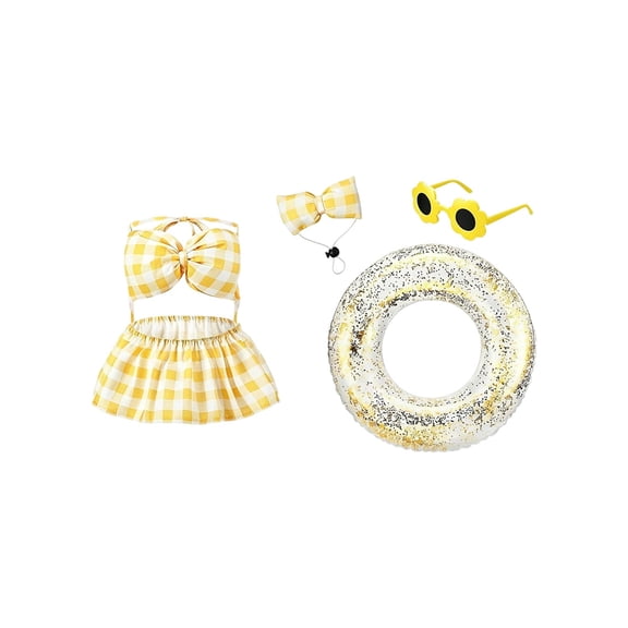 huayou Cute Plaid Goose Costume Decor Set, 23 Inch Glitter Swim Ring Flower Sunglasses Bow Outfit, for Summer Pool Yard Porch Goose Statue Decoration