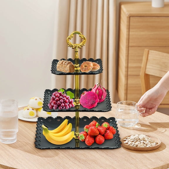 huayou European Golden Handle 3-Tier Rectangular Treat Serving Stand, Hollow Edge Plastic Tray, Decoration, for Wedding Decorative Use, Dessert Table Display Layout, Black
