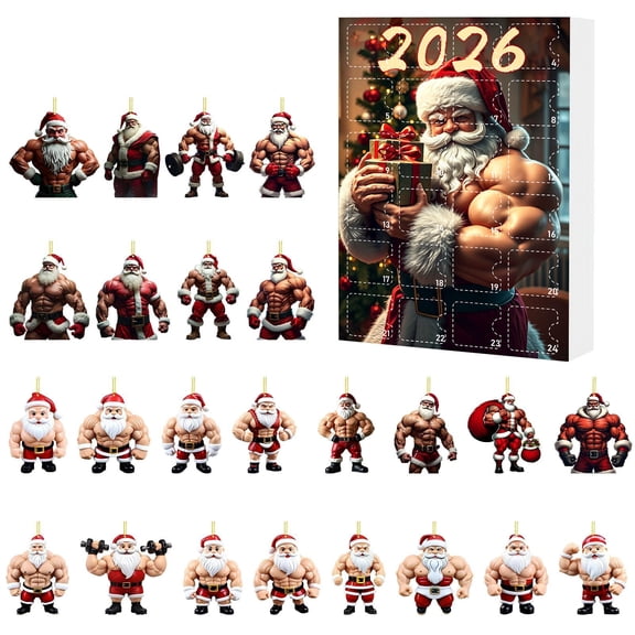 huayou Fitness Santa Christmas Advent Calendar 2026, 24 Days Countdown Box with Muscular Santa Acrylic Pendants, Holiday Surprise Ornament Set for Xmas Decor