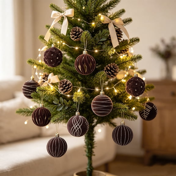 huayou Flocked Christmas Ball Ornaments Set of 16, Soft Chocolate with Champagne Glitter Swirls, 2.36 Inch, for Tree Garland Wreath Decoration