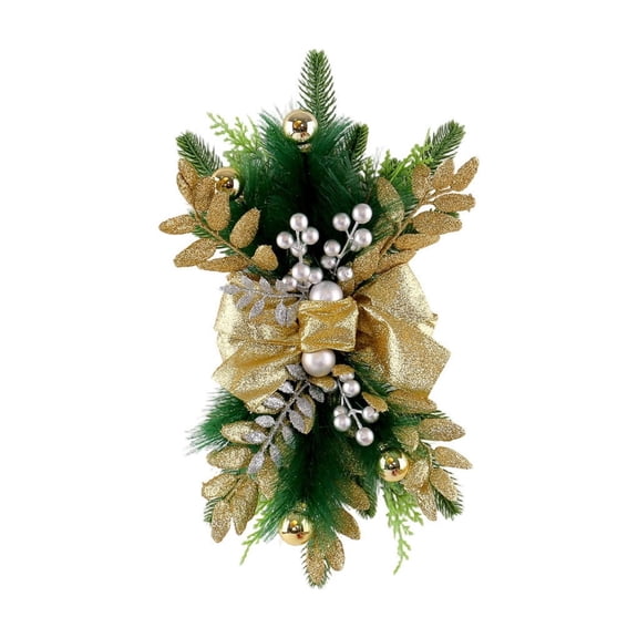 huayou Glitter Golden Leaf Bow Vertical Christmas Swag, Silver Pearl Berry Accent, 17.72x9.84 inch, for Stair Rail Entryway Wall Farmhouse Luxury Xmas Indoor Decoration