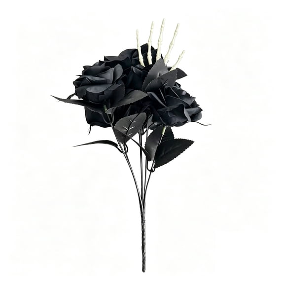 huayou Halloween Artificial Black Rose Bouquet with Skeleton Hand, Fake Black Silk Rose Stem, for Holiday Party Vase Filler Fireplace
