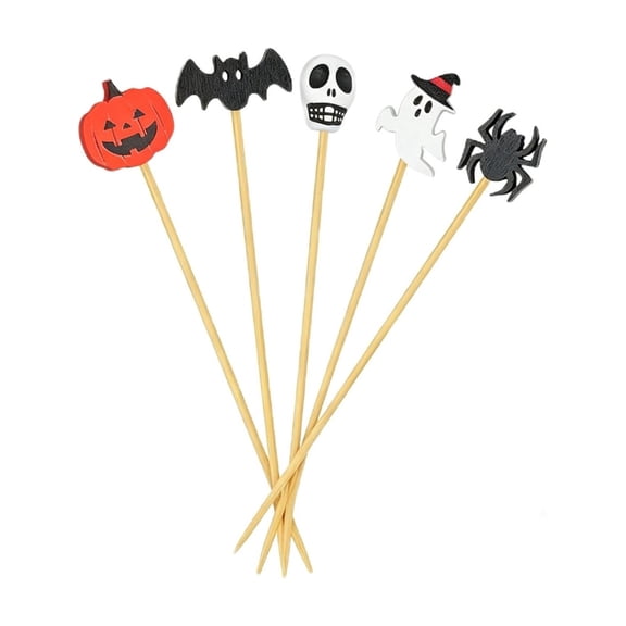 huayou Halloween Disposable Food Picks, 3.9 Inch 100pcs Pumpkin Bat Skull Ghost Spider Pattern Cocktail Fruit Sticks for Indoor Party Table Holiday Decor