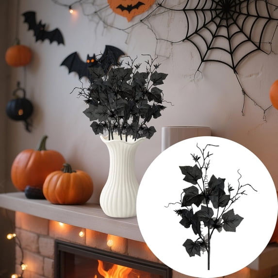 huayou Halloween Foliage Stem, Black Artificial Grape Leaf Spray With Mesh Detail For Vase Filling, Gothic Scene Layout, Indoor Space Arrangement, 19.69 X 11.81 inch
