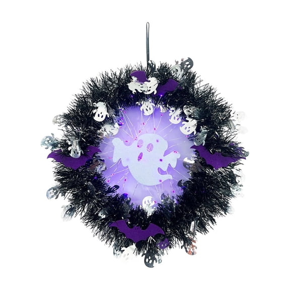 huayou Halloween Lighted Tinsel Wreath 13.4 Inch White Ghost Bat Cutout Front Door Wreath for Home Wall Halloween Gathering Decor