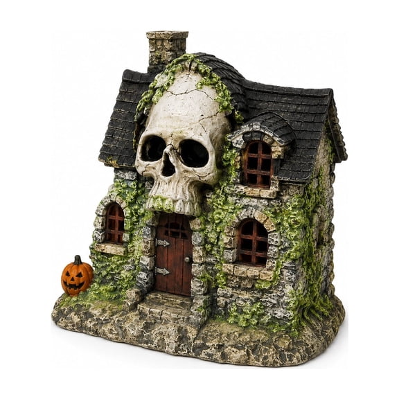 huayou Halloween Skull Haunted House Resin Ornament, 6.3x7.87 Inch Ivy Pumpkin Stone Cottage Statue for Indoor Table Holiday Home Decor