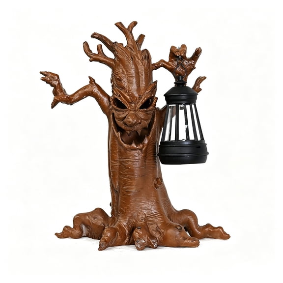 huayou Halloween Spooky Ghost Tree Resin Statue with Hanging LED Lantern, Scary Face Ghost Tree Figurine for Holiday Party Tabletop Farmhouse