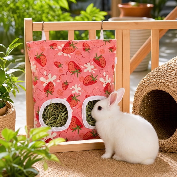 huayou Hanging Hay Feeder Bag with Double Round Eating Holes, Canvas Grass Storage Pouch for Rabbits, Guinea Pigs & Small Rodents, Easy To Hang On Pet Cage For Daily Feeding Use