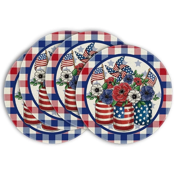 huayou Independence Day 4 PCS American Flag Star Pattern Round Placemats, Durable Heat Resistant 4th of July Decoration, 13.9 in, for Kitchen, Picnic, Camping, All Table Decor