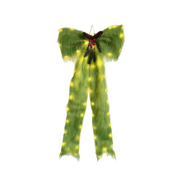 huayou Light Up Green Faux Fur Christmas Bow Door Hanging Ornament, Long Fluffy Fur with Warm LED Pinecone Berry for Front Door Window Fireplace Farmhouse Holiday Decoration