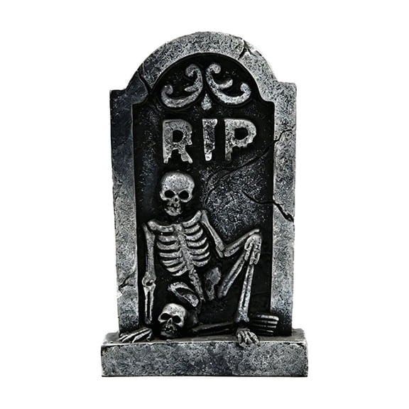 huayou Mini Tombstone Resin Figurine, 3.46x1.06x5.71 Inch RIP Skeleton Gravestone Statue, for Indoor Table Mantel Gothic Halloween Spooky Scene Decor