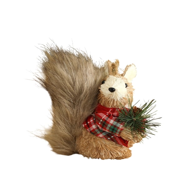 huayou Natural Straw Squirrel Figurine With Red Plaid Scarf, Pine Cone Berry Accent, for Tabletop Christmas Tree Winter Indoor Shelf Holiday Gift Decoration