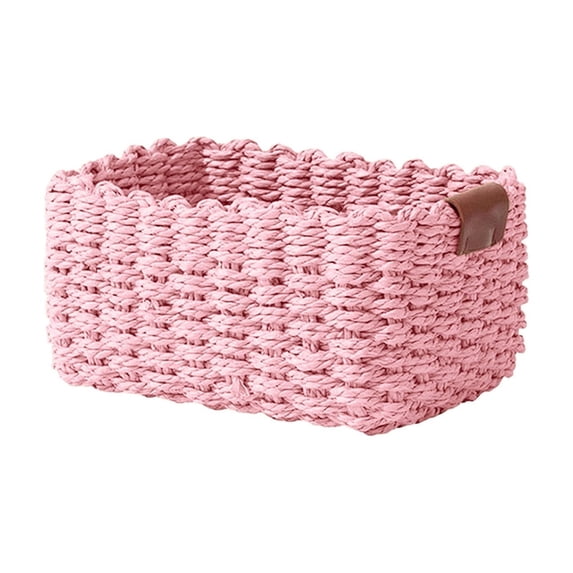 huayou Pink Paper Rope Woven Storage Basket, 9x6.6x4.7 inch Scalloped Edge Sundry Organizer, Leather Ring Handle Desktop Caddy, Rustic Bedroom Home Decoration