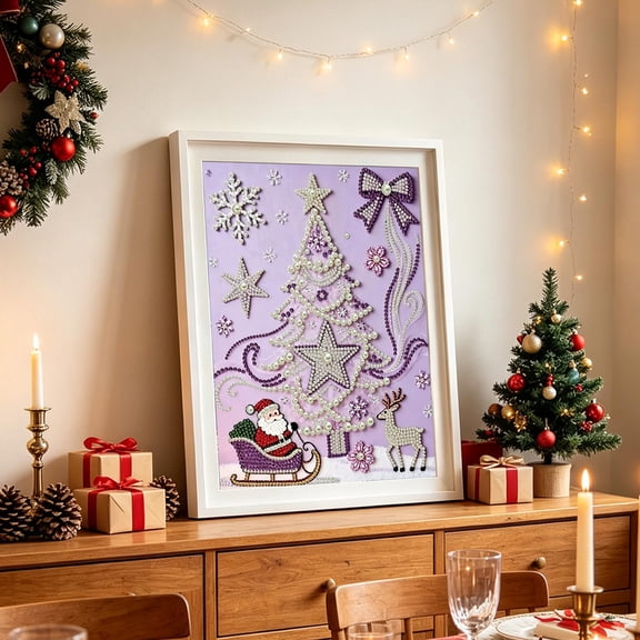 huayou Purple Tree Bead Art, 11.81 by 15.75 Inch Dot Art Painting with Bead Christmas Tree and Santa Sleigh for Living Room Wall Decor Decorations