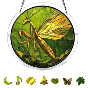 huayou Round Acrylic Puzzle Suncatcher, Mantis Green Leaf Stained Glass Window Hanging Ornament, Natural Insect Theme Light Catcher Garden Balcony Wall Decoration