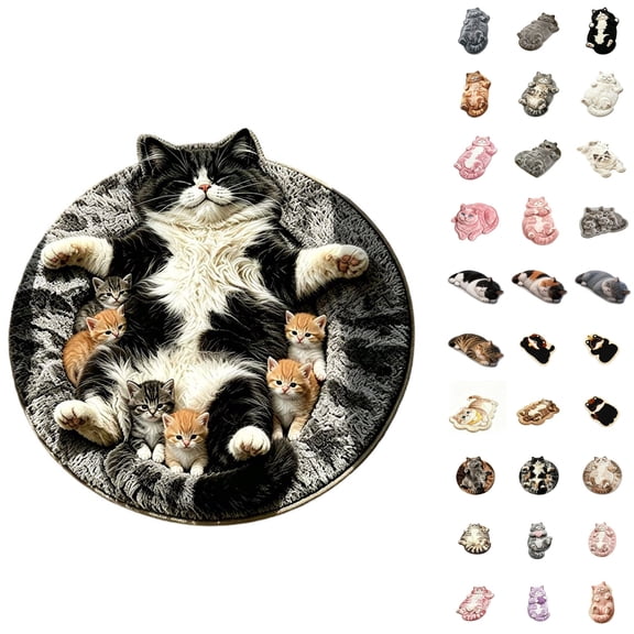 huayou Round Cat Floor Mat, Black White Cat Family Pattern Rug for Bedroom Home Decoration, Non Slip Soft Foot Mat for Indoor Room Decor, 15.74x15.74 inch