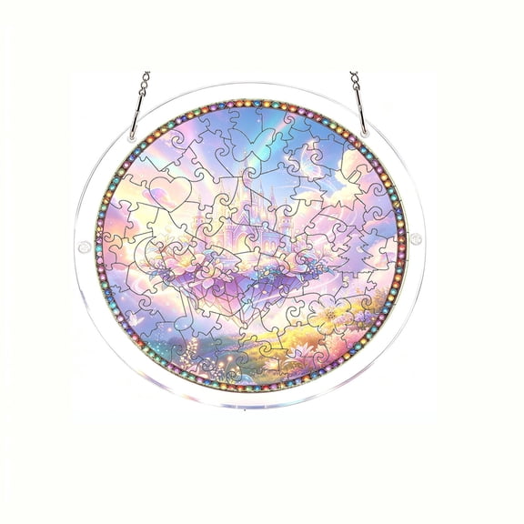 huayou Round Rainbow Rhinestone Edge Acrylic Puzzle Suncatcher, Floating Magic Castle Butterfly Floral Window Hanging Light Catcher, Fairy Tale Fantasy Wall Decoration for Porch