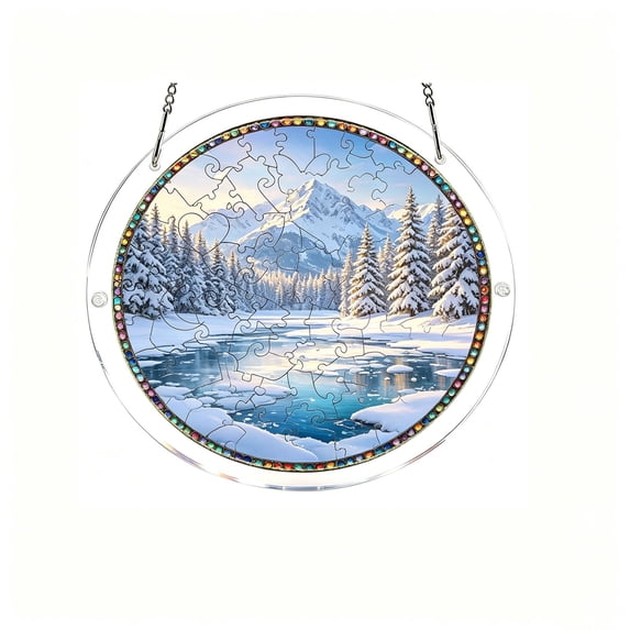 huayou Round Rainbow Rhinestone Frame Acrylic Puzzle Suncatcher, Winter Snow Mountain Pine Forest Frozen Lake Window Hanging Sign, Snowy Landscape Light Catcher Indoor Outdoor Decoration