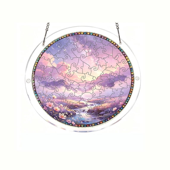 huayou Round Rhinestone Border Acrylic Puzzle Suncatcher, Pink Starry Sky Mountain Stream Floral Window Hanging Ornament, Fantasy Landscape Light Catcher Home Balcony Wall Decoration