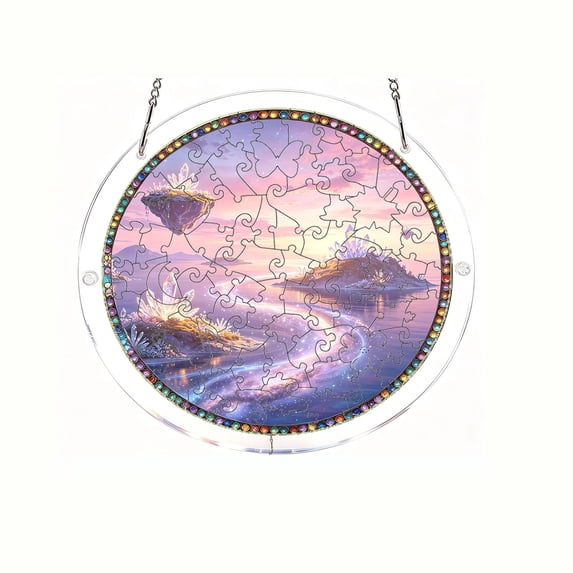 huayou Round Rhinestone Edge Acrylic Puzzle Suncatcher, Floating Crystal Island Fantasy Sea Sunset Window Hanging Decor, Magical Glowing Landscape Light Filter Ornament