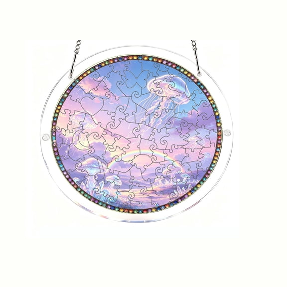 huayou Round Rhinestone Trim Acrylic Puzzle Suncatcher, Glowing Jellyfish Rainbow Cloud Sea Window Hanging Light Catcher, Dreamy Ocean Fantasy Wall Ornament for Front Door