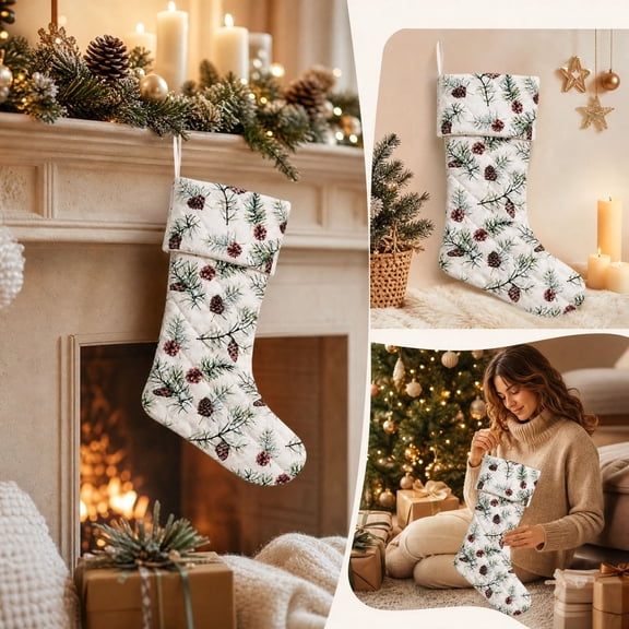 huayou Rustic Pine Cone and Pine Branch Christmas Stocking, 18 Inch Quilted Xmas Hanging Stocking with Loop for Fireplace Mantel Home Decorations