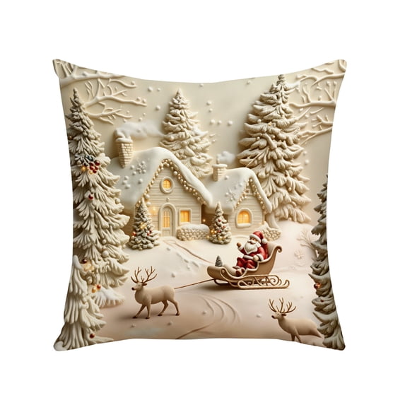huayou Santa Sleigh Winter Village Print Throw Pillow Cover, Snow Cabin Reindeer Pillowcase, 17.72x17.72 inch, for Sofa Couch Living Room Winter Christmas Holiday Decoration