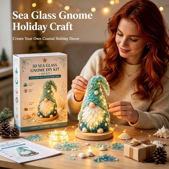 huayou Sea Glass Gnome DIY Art Kit with Warm LED Lights Rustic Base for Desk Shelf Sideboard Table Nautical Coastal Christmas Holiday Home Decoration