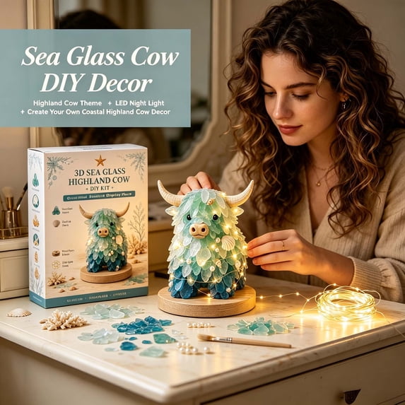 huayou Sea Glass Highland Cow DIY Art Kit with Warm LED Lights Rustic Base for Desk Shelf Sideboard Table Nautical Coastal Christmas Holiday Home Decoration
