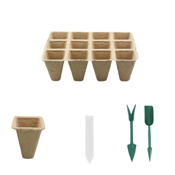 huayou Seed Starting Tray Kit, 5 Pcs 12-Cell Peat Pots, 60 Pcs Plant Tags, 2 Small Garden Cultivating Tools, for Indoor Outdoor Planting