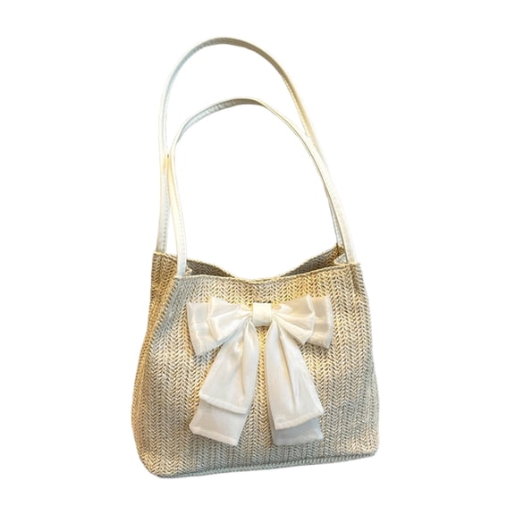 huayou Straw Woven Tote Bag, 10.63x3.94x8.66 Inches Large Capacity Bow Decor Casual Shoulder Bag, for Travel, Daily Use, Outdoor Fashion Handbag