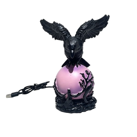 huayou USB Powered Crow Sculpture Lamp, Black Resin Raven Perched on Luminous Sphere with Branch Base for Tabletop Cabinet