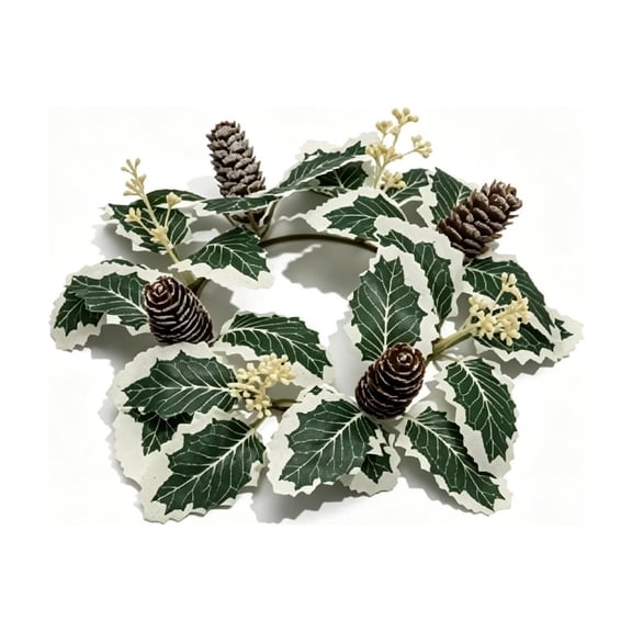 huayou Variegated White Edge Holly Pine Cone Cream Berry Round Christmas Candle Ring Wreath Flexible Wire Frame for Dining Table Mantel Side Cabinet Holiday Table Center Decoration