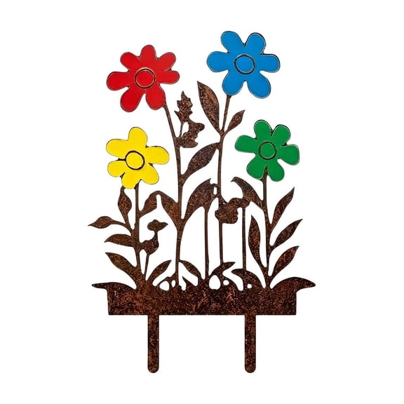 huayou Vintage Rusty Colorful Flower Metal Garden Fence, 11.81x7.87 Inch Decorative Border Stake for Outdoor Yard Lawn Patio Pathway Landscape Decor