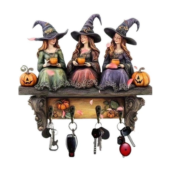 huayou Vintage Wall Key Holder, Tea Drinking Witch Statue Carved Board with 4 Hooks, Halloween Home Decoration for Hallway and Entrance Wall
