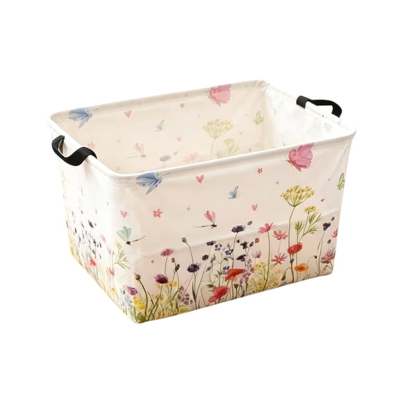 huayou Wildflower Butterfly Fabric Storage Bin, 14.96x10.23x9.84 inch Foldable Cloth Organizer, Dual Handle Sundry Holder, Fresh Floral Home Decoration
