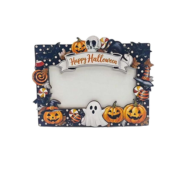 huayou Wooden Halloween Photo Frame 6.77x5.11 Inch Polka Dot Pumpkin Ghost Skull Candy Pattern Picture Frame for Home Table Decor