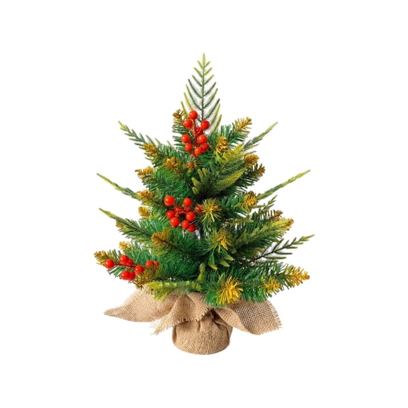 huayou Yellow Tip Pine Red Berry Mini Christmas Tree Table Decor Real Touch Plastic Pine Burlap Base for Bedside Counter Living Room Shelf Holiday Decoration