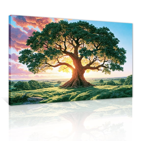 A huge canvas mural of an ancient tree, a majestic oak, and a golden sunset; a natural-style wall decoration suitable for living rooms, bedrooms, offices, and home use (framed).
