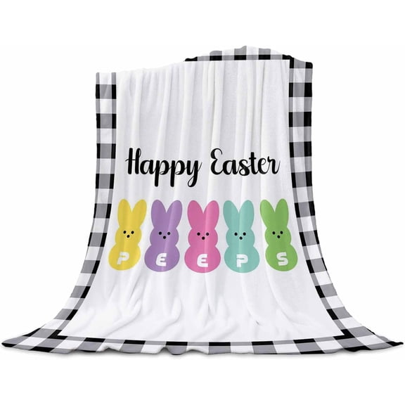 huguu Easter Throw Blanket Happy Easter Peeps Lightweight Cozy&Soft Plush Blankets Bunny Black Buffalo Plaid Bed Blanket for Bed Couch Sofa Bedroom All Season Use, 50x60inch