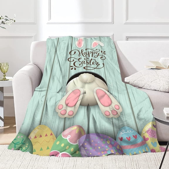 huguu Flannel Throw Blanket Happy Easter Bunny Eggs Cozy&Soft Plush Blankets for Bed Couch Living Room Sofa Chair