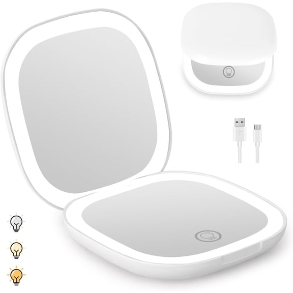 huhao Compact Mirror, Lighted Travel Makeup Mirror with 1X/10X Magnifying Double Sided Dimmable Portable Pocket for Handbag and Pocket, USB Charging(White)