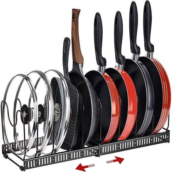 huhao Pots and Pans Organizer Rack for Cabinet and Countertop, 10 Pot Lids, Bakeware and Cookware Holder with 10 Adjustable Compartments - Black