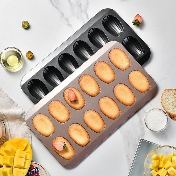 hulanddfd 2 Pack Nonstick Madeleine Pan for Baking, 12-Cavity Heavy Duty Madeleine Cookies Trays Madeleine Cake Cookies Molds for Cookies Brownies Pastries(Gold+Black)
