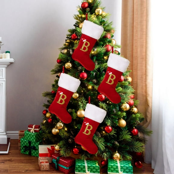 hulanddfd 26 Letters Christmas Stockings, Red Velvet Christmas Stockings with White Cuff for Home Hanging Ornaments Christmas Party Gift B