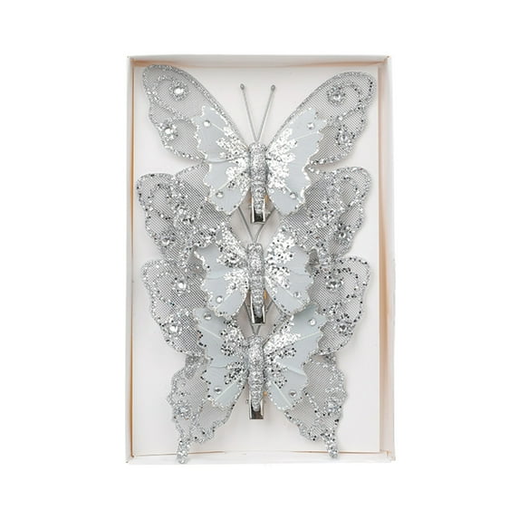 hulanddfd 3pcs Christmas Butterflies Ornaments, Artificial Butterflies Simulation Butterflies Scene Milieu Decoration Pendant for Holiday Decor Christmas Party Home Decor Silver-2