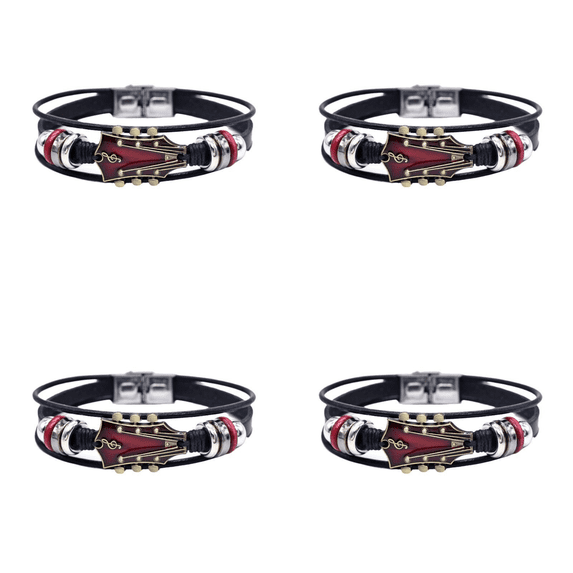 hulanddfd 4 Pcs Vintage Faux Leather Guitar Bracelet, 8" Multi-Layer Wrap Bracelets with Adjustable Sliding Knot Closure Musical Guitar Pendant Musical Enthusiast Gift