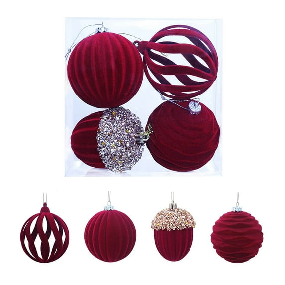 hulanddfd 4pcs Christmas Velvet Ornaments Balls Set, 3.1" Red Shatterproof Plastic Decoration Balls Xmas Hanging Decor for Xmas Tree and Party Holiday Decor