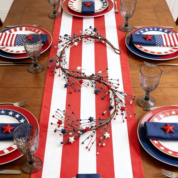 hulanddfd 60in Patriotic Berry Garland, Artificial Red White Blue Berry Garland with Stars Faux Twigs Vines for Memorial Day