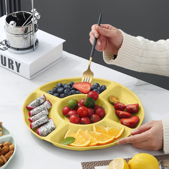 hulanddfd 9-Inch Round Plastic Serving Trays Snack Plates with 5 Compartments Serving Dish Food Platters for Candy Veggies Fruit(Yellow)